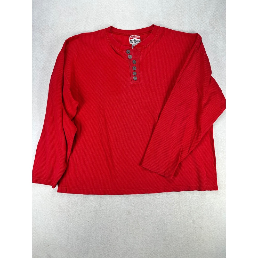 Vintage Marlboro Unlimited Red Ribbed Henley Shirt Mens XXL Long Sleeve Cotton